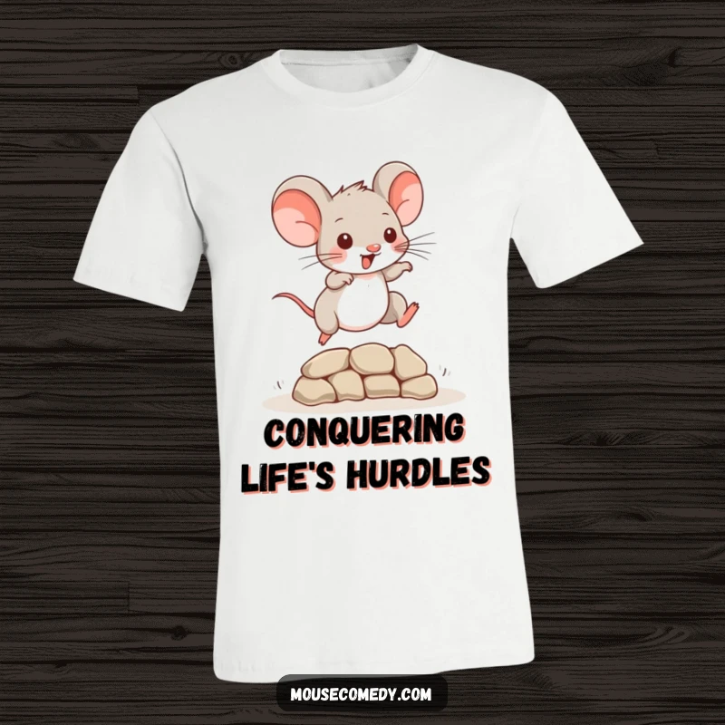 Funny Mouse T-Shirt: A playful mouse in mid-air, leaping over a small obstacle with agility and fun.