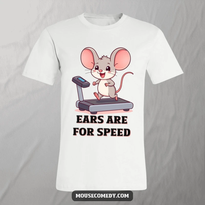 Funny kawaii mouse t-shirt, a cute mouse with oversized ears running on a treadmill with joy, energetic fitness.