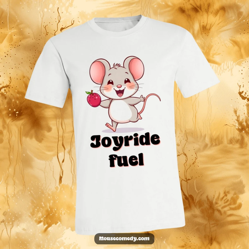 Funny mouse t-shirt featuring a cheerful mouse with a happy squeak, running fast with a juicy berry, looking delighted.