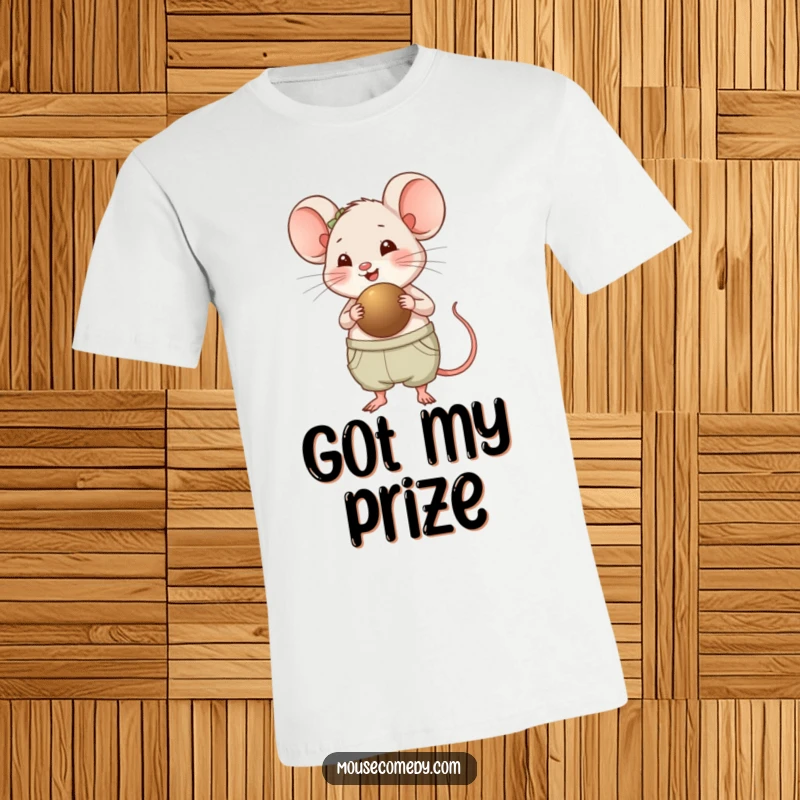 Funny Chubby Mouse T-Shirt - A cheerful, plump mouse with its tongue out happily carries a oversized seed, radiating pure joy and humor for any occasion.