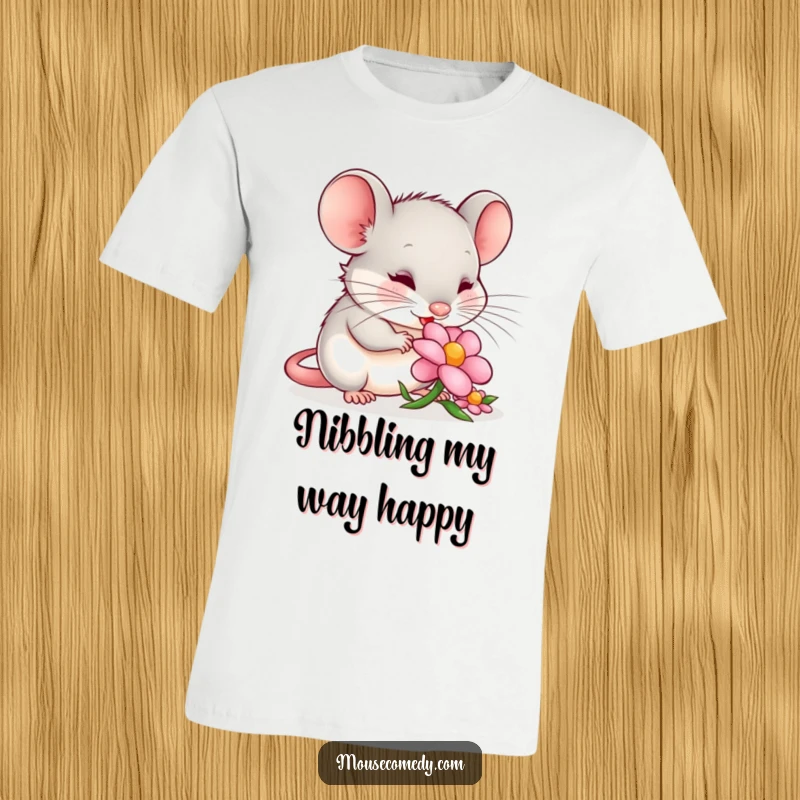 Funny mouse t-shirt featuring a content mouse delicately nibbling on a vibrant flower petal, embodying peace and simple pleasures.