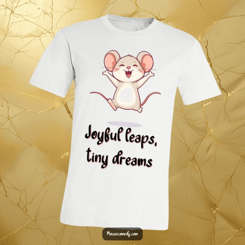 Funny t-shirt of a happy mouse captured mid-leap, celebrating with pure joy and a playful bounce.