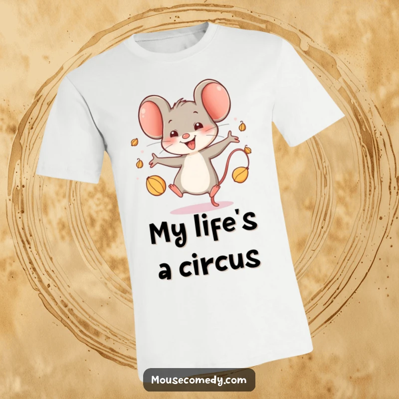 Funny Mouse T-Shirt: A vibrant graphic of a happy mouse character joyfully juggling three tiny seeds, embodying pure, unadulterated fun.