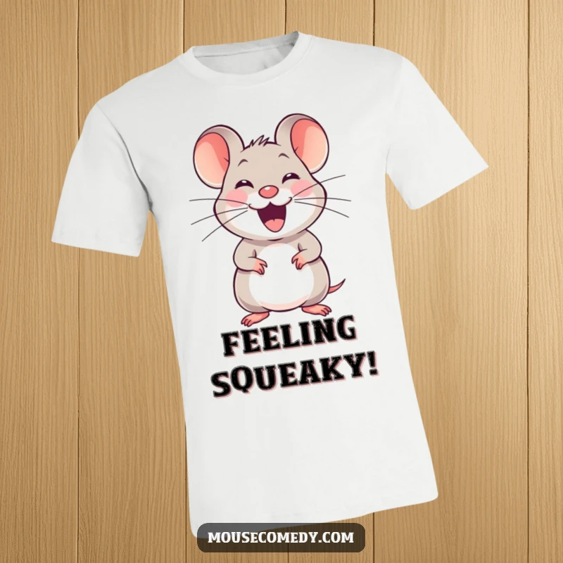 Funny joyful mouse t-shirt, depicting a small mouse with a happy squeak stretching its whiskers, radiating pure delight.