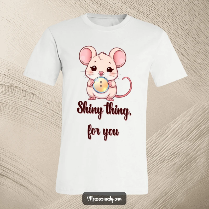 Funny t-shirt featuring an irresistibly cute kawaii mouse winking playfully while presenting a small, shiny button.
