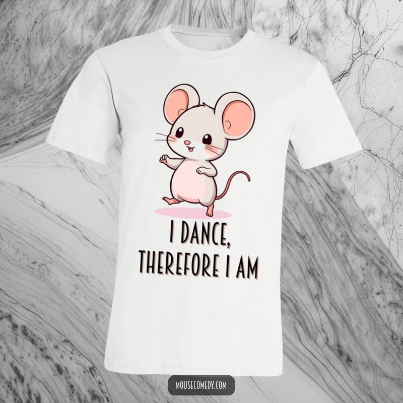 Funny Kawaii Mouse T-Shirt: a cute mouse character with big ears, doing a quick, energetic dance, full of charm.