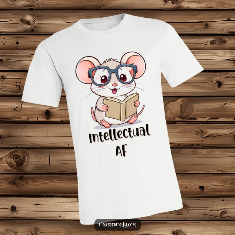 Funny Kawaii Mouse T-Shirt: Adorable mouse with big glasses engrossed in a small book, perfect for literary humor.