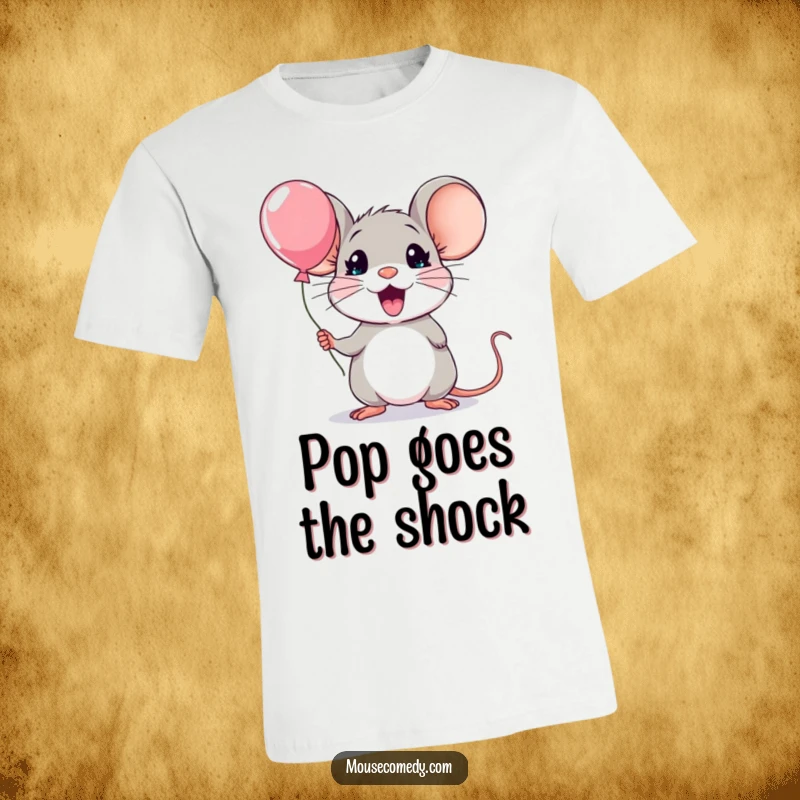 Funny kawaii mouse t-shirt, showing an adorably surprised mouse clutching a ridiculously small balloon, full of comical astonishment.