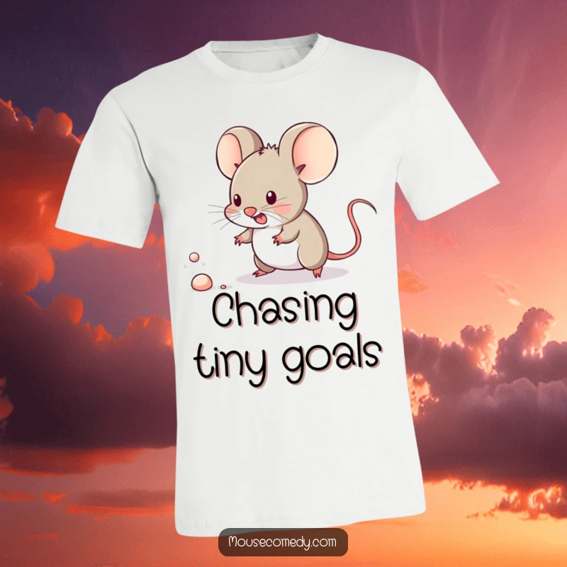 Funny kawaii mouse heroically chasing a minuscule dust speck on a t-shirt, embodying enthusiastic dedication.