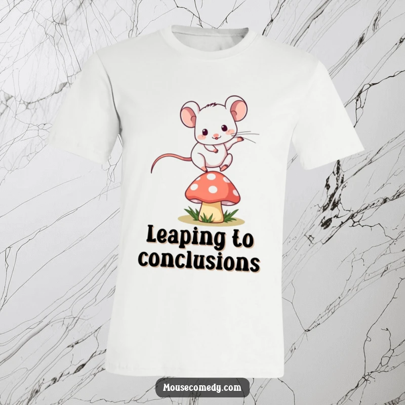 Funny kawaii mouse playfully jumping over a tiny, stylized mushroom on a comfortable t-shirt, embodying joy.