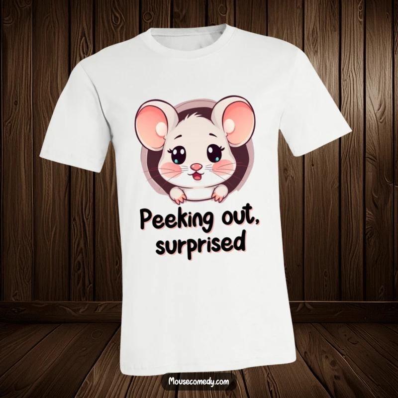 Funny Kawaii Surprised Mouse T-Shirt: A t-shirt featuring a mouse with a surprised expression peeking from a tiny hole.