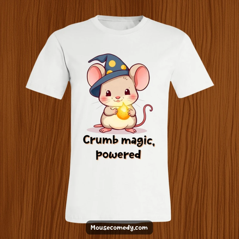 Funny Kawaii Wizard Mouse T-Shirt: A t-shirt featuring a mouse in a wizard hat holding a glowing crumb.