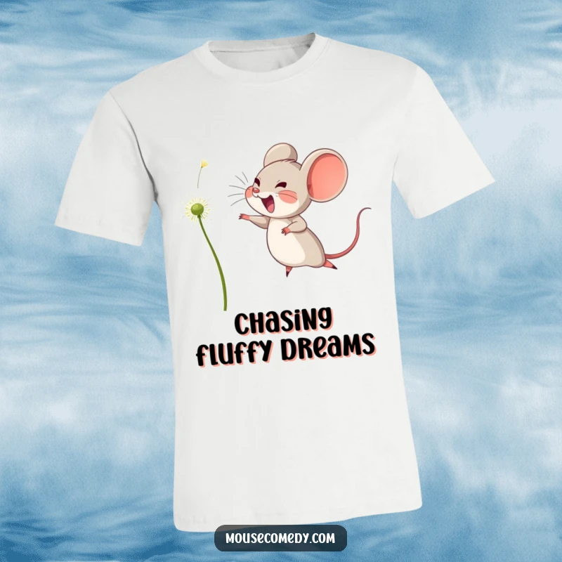 Funny t-shirt featuring a happy mouse leaping gracefully through the air to catch a floating dandelion seed, embodying pure joy.