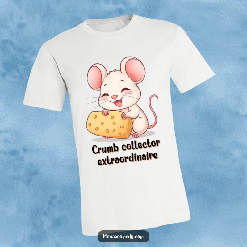 Funny Mouse T-Shirt: A joyful mouse with twitching whiskers proudly holds a large crumb, celebrating a tasty find.