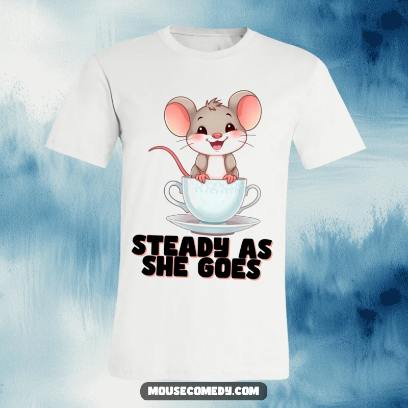 Funny mouse t-shirt graphic of a cheerful mouse with a wide grin humorously balancing on the edge of an overflowing teacup.