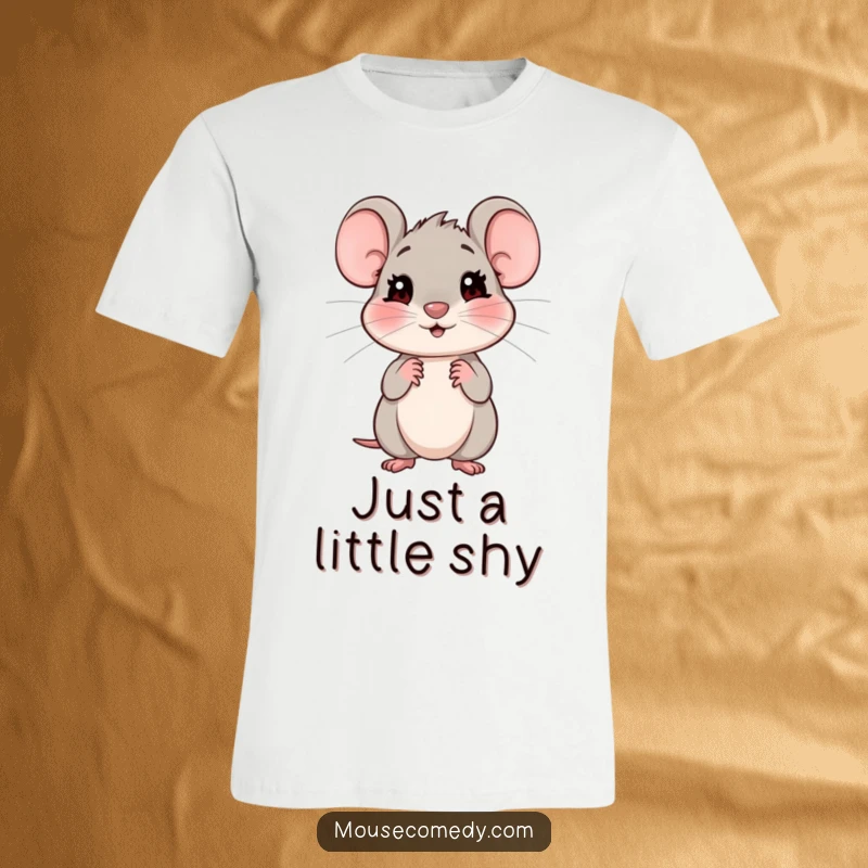 Funny t-shirt featuring a cute, shy mouse with soft eyes giving a hopeful, expectant look, full of character.
