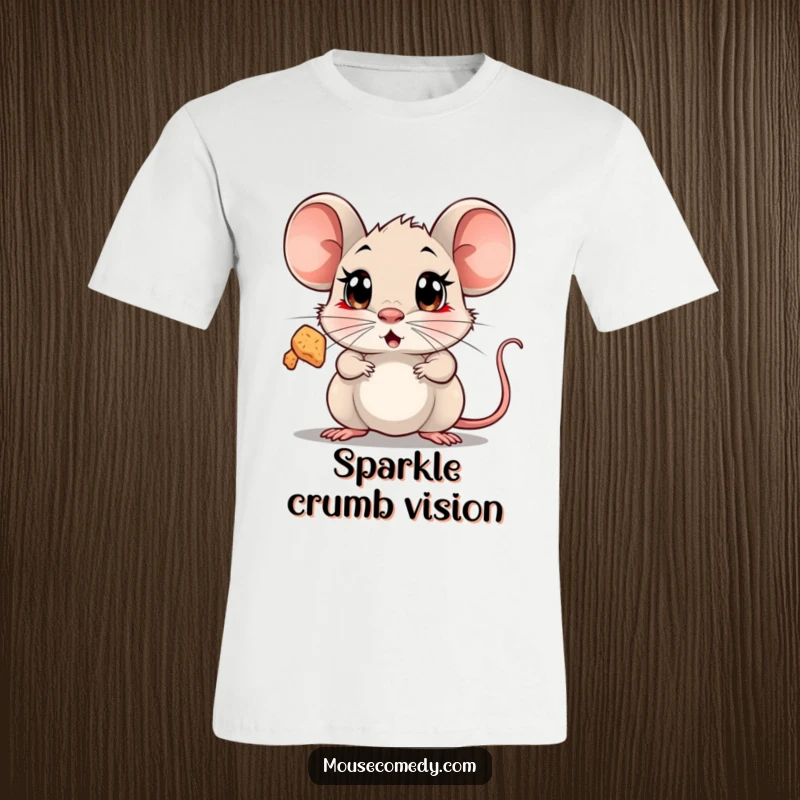 Funny Surprised Mouse T-Shirt featuring a mouse with huge, surprised eyes looking up at a floating, sparkling crumb.
