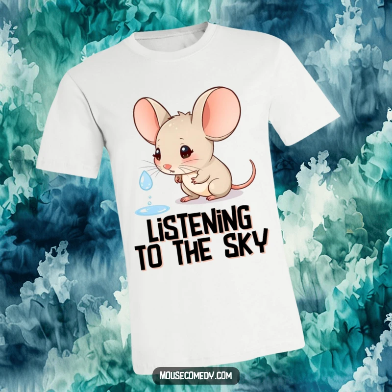 Funny t-shirt depicting a small mouse with very large ears, curiously observing a single raindrop with a look of fascination.