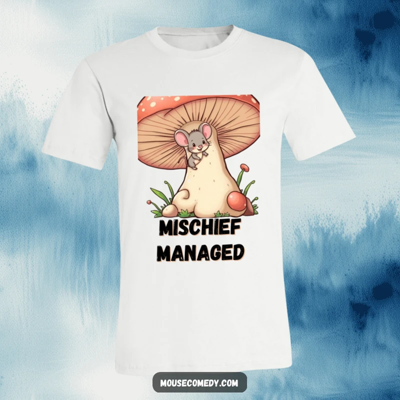 Funny tiny mouse t-shirt, depicting a small mouse with a mischievous wink, climbing a giant mushroom, ready for fun.