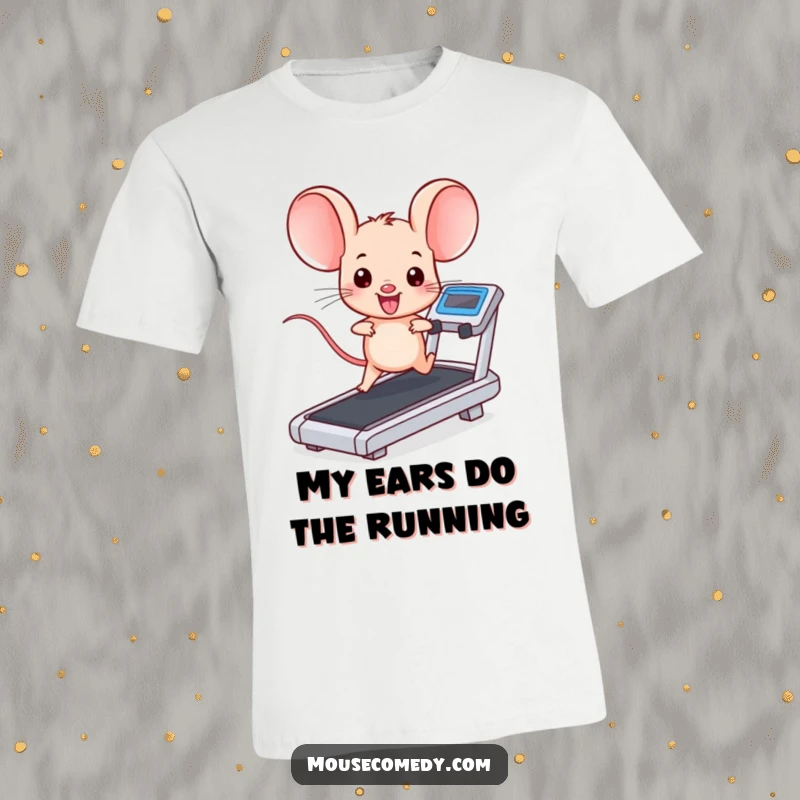 Funny kawaii mouse with massive ears, running hard on a treadmill, full of energy. Excellent funny gift for active people.
