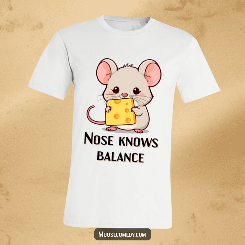 Funny kawaii mouse attempting to balance a tiny piece of cheese on its nose, looking focused. Great funny gift.