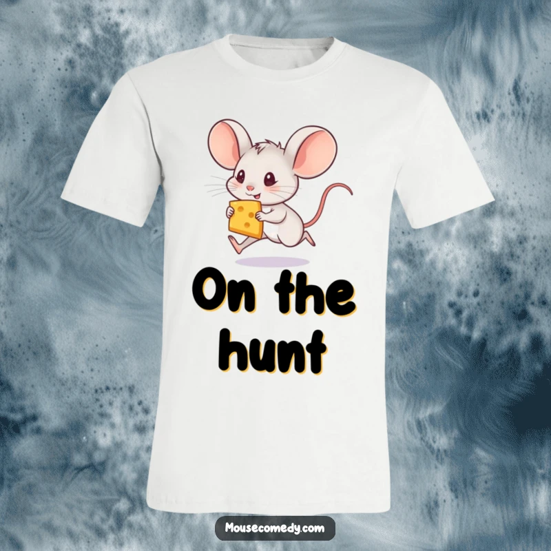 Funny mouse t-shirt showing a tiny mouse with huge ears running fast with a big cheese slice, looking mischievous and hungry.