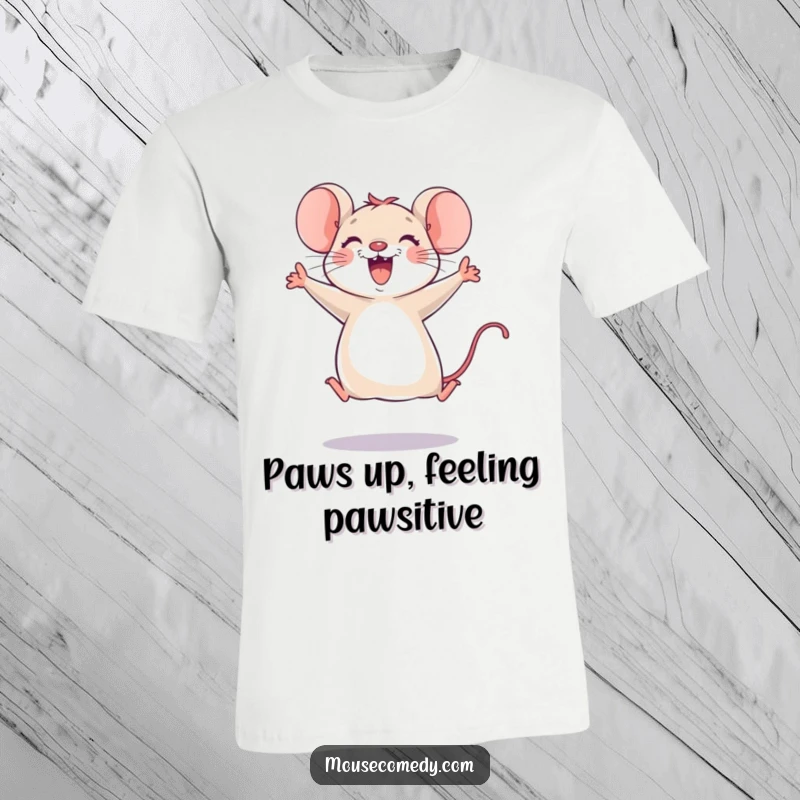 Funny mouse t-shirt showcasing a joyful mouse doing a spontaneous leap, paws high, embodying pure, unadulterated happiness and fun.