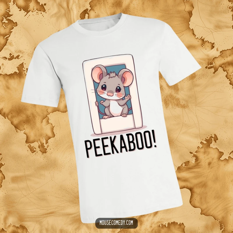 Funny curious mouse t-shirt, showing a small mouse with a tilted head peeking through a tiny, whimsical door, designed for laughs.
