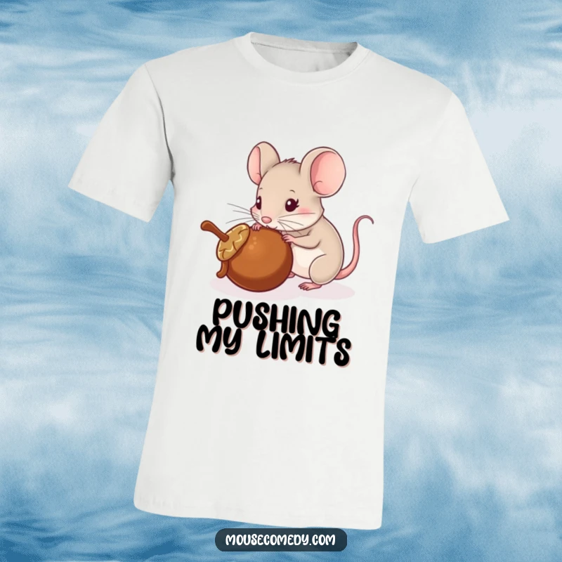 Funny t-shirt print of a mouse enthusiastically pushing a rolling acorn with its snout, embodying playful effort and fun.