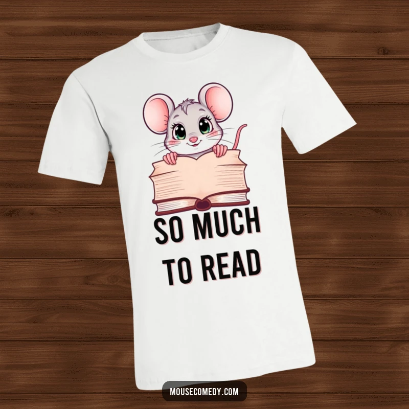 Funny t-shirt with a kawaii mouse having big curious eyes, peeking over a large book, celebrating the joy of reading and discovery.