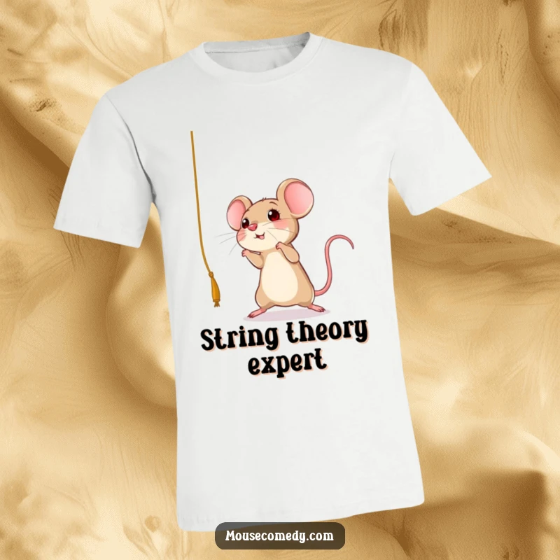 Funny mouse t-shirt illustrating a rodent mid-leap, reaching for a dangling string with playful abandon, a great funny gift.