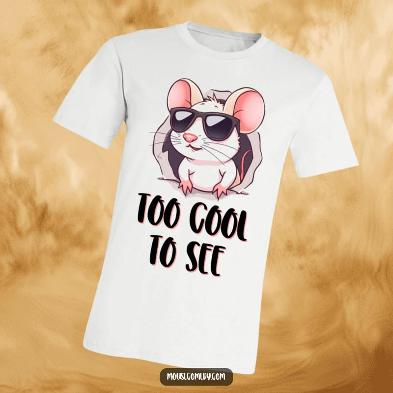 Funny kawaii mouse t-shirt, depicting a stylish mouse in sunglasses, peeking slyly from a small hole, exuding mystery and humor.