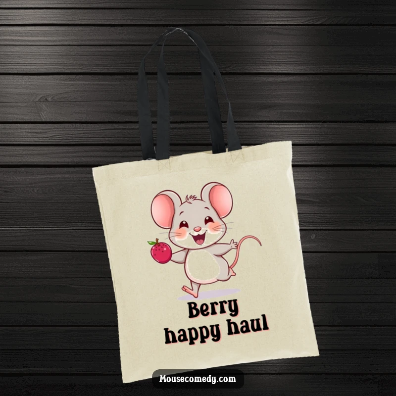 Funny mouse tote bag with a cheerful mouse running with a big berry, its squeak of joy audible.
