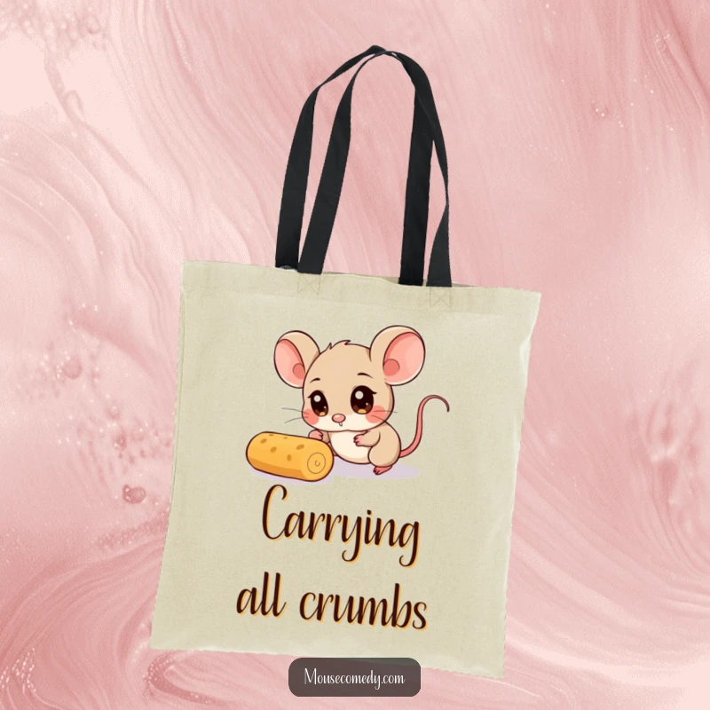 Funny Mouse Tote Bag: This tote bag displays a cute mouse character with exaggerated wide eyes, comically chasing a rolling crumb.