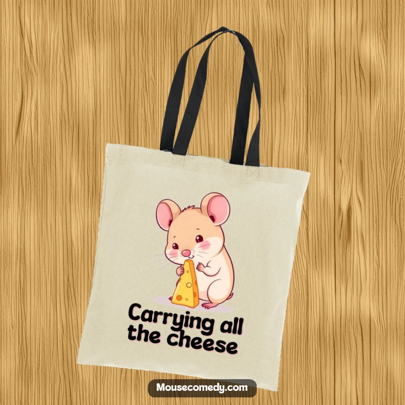 Funny kawaii mouse tote bag, illustrating a cute mouse concentrating hard on balancing a tiny piece of cheese on its nose.