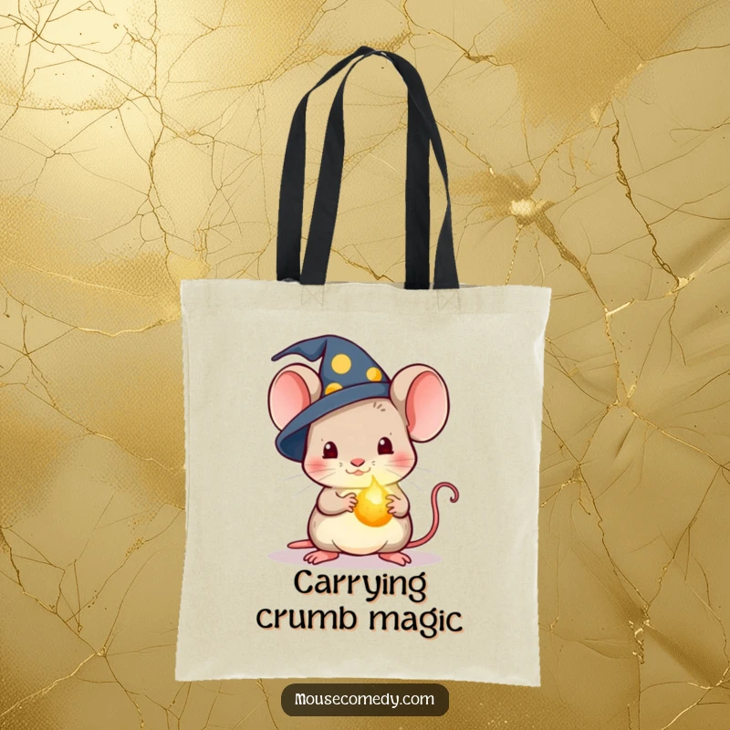 Funny Kawaii Wizard Mouse Tote Bag: A tote bag featuring a mouse in a wizard hat holding a glowing crumb.
