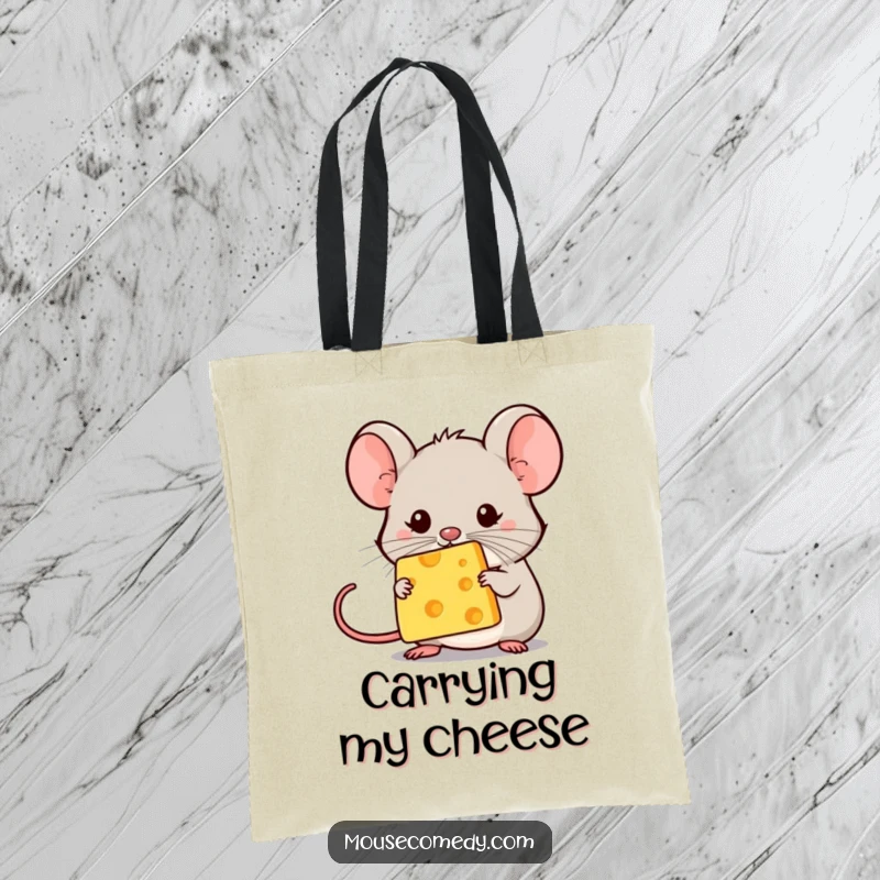 Funny kawaii mouse balancing a speck of cheese on its nose, looking concentrated. Useful and funny gift.