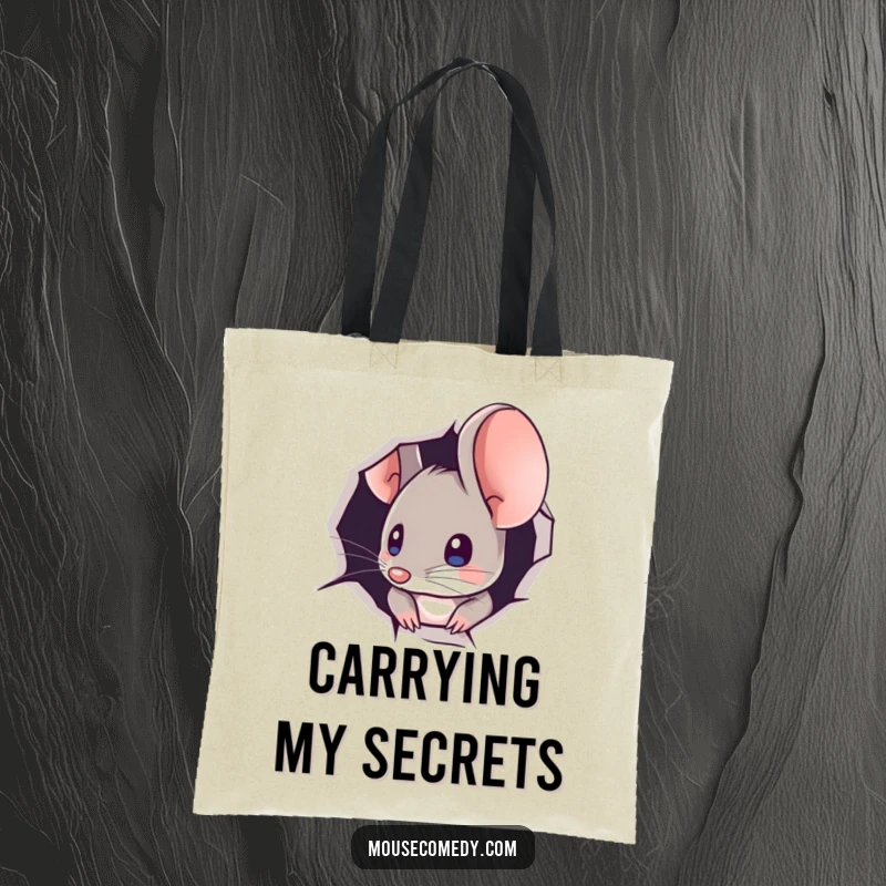 Funny tote bag featuring a mouse curiously peeking out from a minuscule hole, symbolizing discovery and subtle humor.