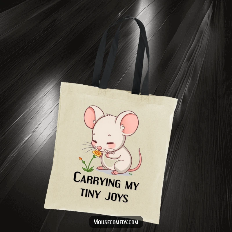 Funny mouse tote bag with a cute character curiously sniffing a small flower, perfect for carrying items with a touch of whimsy.