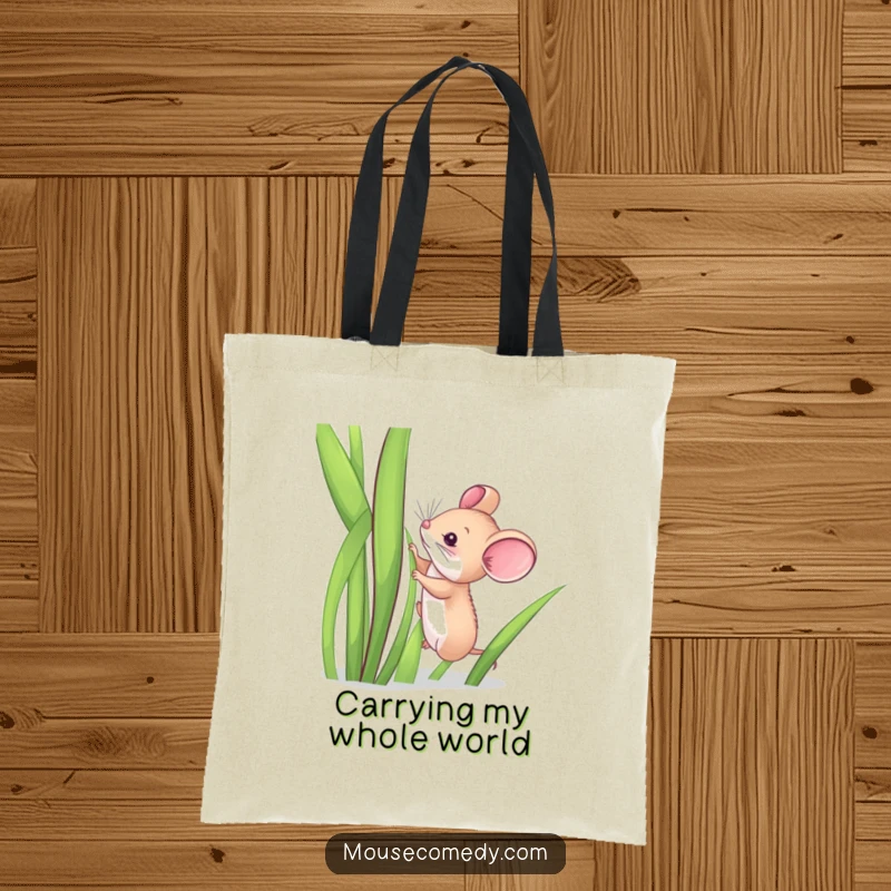 Funny tote bag with a small mouse heroically climbing a large green blade of grass, emphasizing adventure and humor.