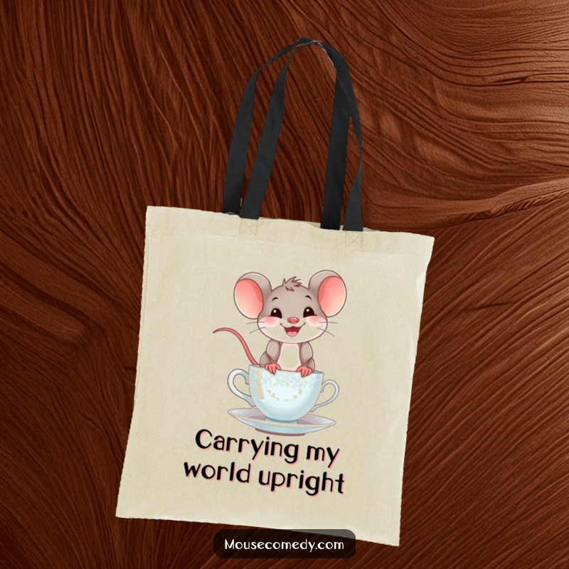 Funny mouse teacup tote bag showcasing a happy mouse with a wide grin balancing with humor on the edge of a teacup, ideal for carrying daily items.