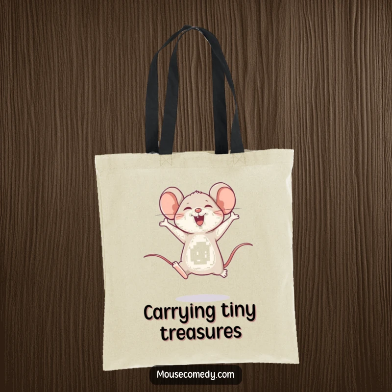 Funny tote bag featuring a happy mouse performing a joyful leap, full of celebratory energy.
