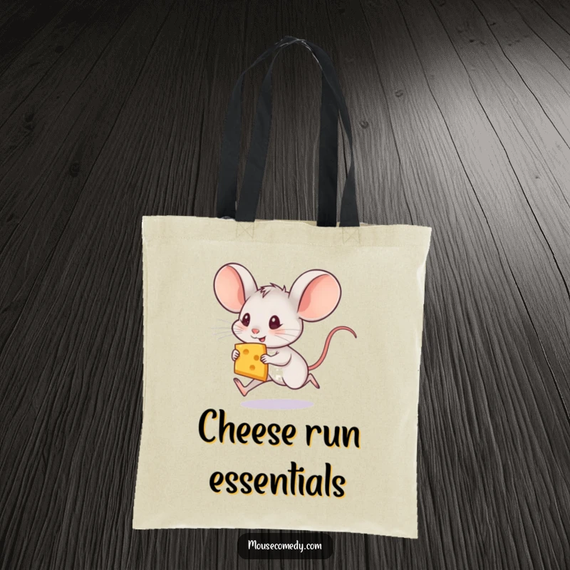 Funny mouse tote bag featuring a small, hyperactive mouse with big ears running with a cheese slice, ready for adventure.