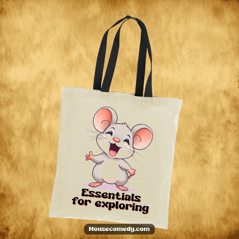 Funny tote bag featuring an enthusiastic mouse posing energetically, ready to discover the world around it.