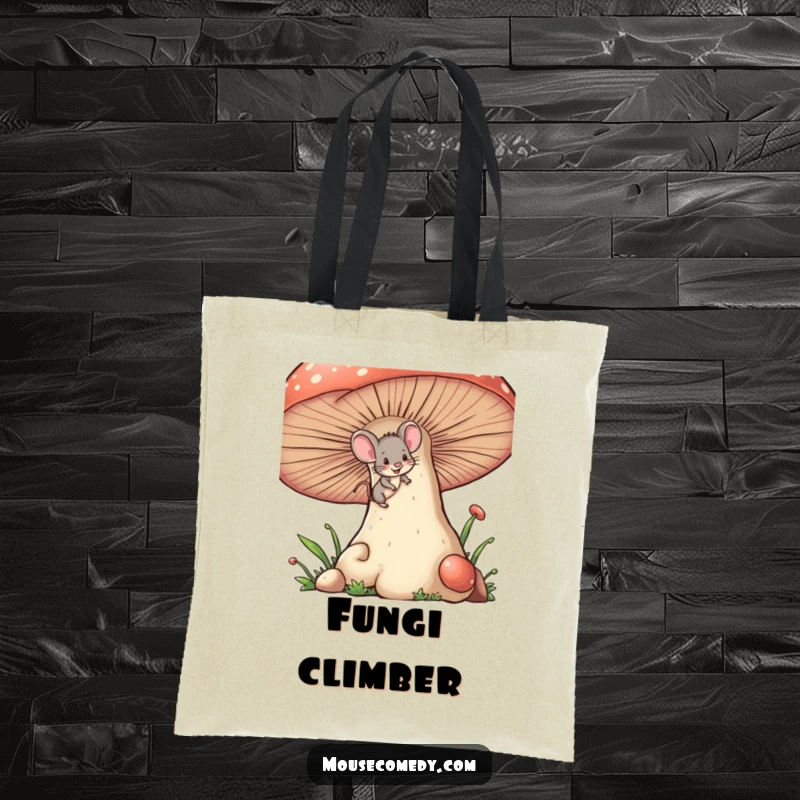 Funny tiny mouse tote bag, with a mischievous wink, climbing a giant mushroom, for carrying essentials with style.