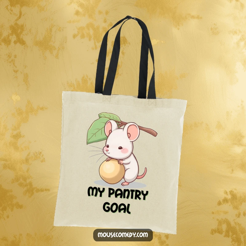 Funny tote bag illustrating a small mouse attempting to move a seed that is disproportionately larger than itself.