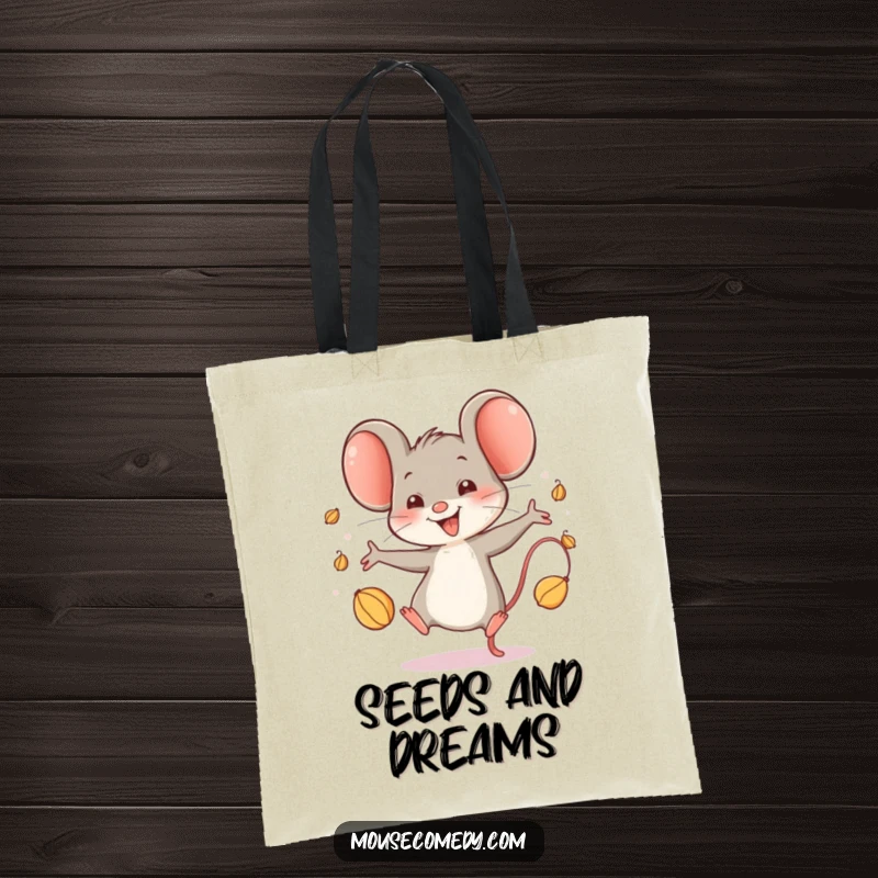 Funny Happy Mouse Tote Bag: A charming tote bag depicts a mouse character skillfully juggling seeds with a look of pure, gleeful happiness.