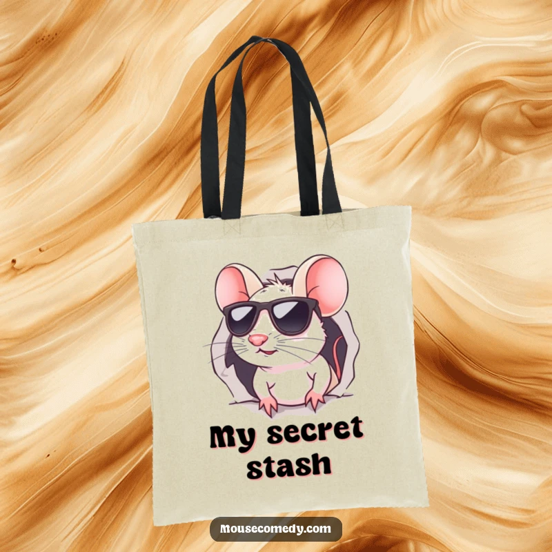 Funny kawaii mouse tote bag, showing a cute mouse wearing sunglasses, peeking from a small hole, adding a touch of playful mystery.