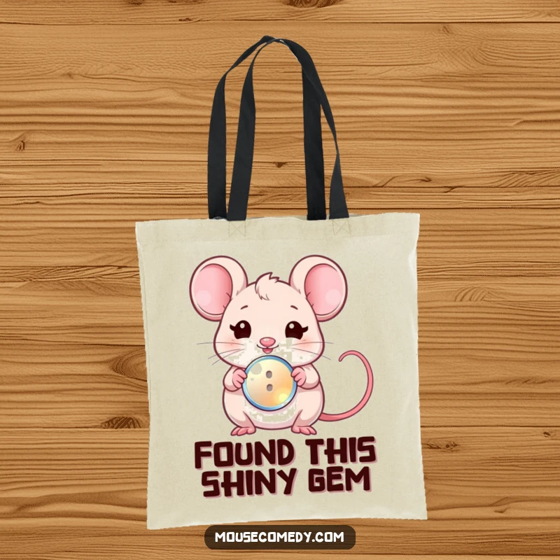 Funny tote bag designed with a sweet kawaii mouse winking mischievously while offering a tiny, gleaming button.