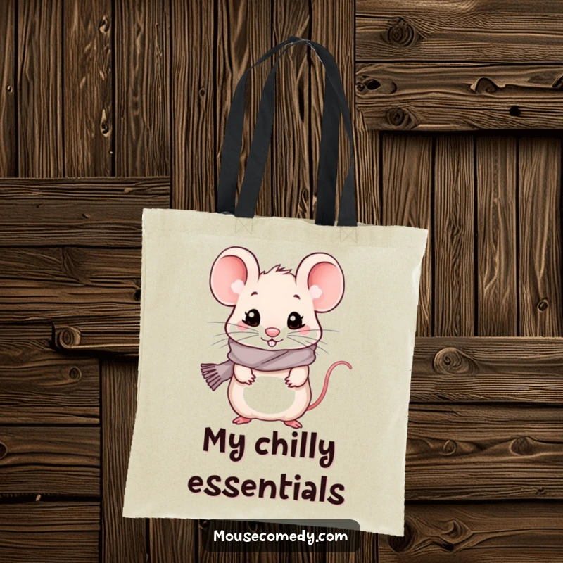 Funny kawaii mouse wearing a small scarf, looking cold but cheerful on a reusable tote bag.